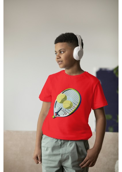 Erkek Çocuk Pamuk Tenis Raket Baskılı Kısa Kol Tshirt