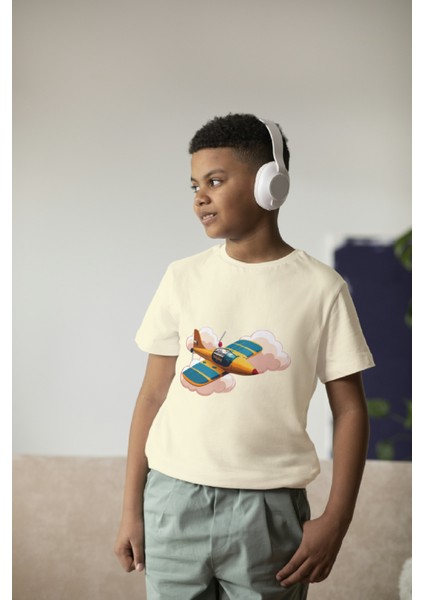 Erkek Çocuk Pamuk Uçak Baskılı Kısa Kol Tshirt