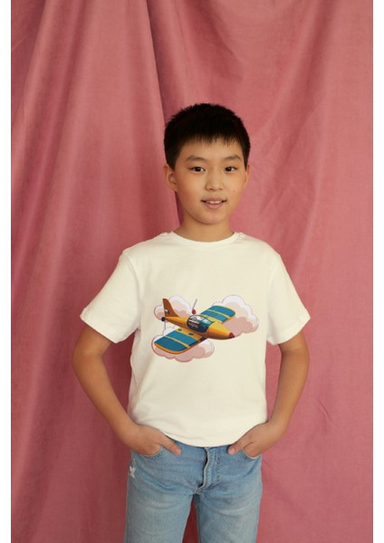 Erkek Çocuk Pamuk Uçak Baskılı Kısa Kol Tshirt modelleri