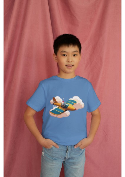 Erkek Çocuk Pamuk Uçak Baskılı Kısa Kol Tshirt modelleri