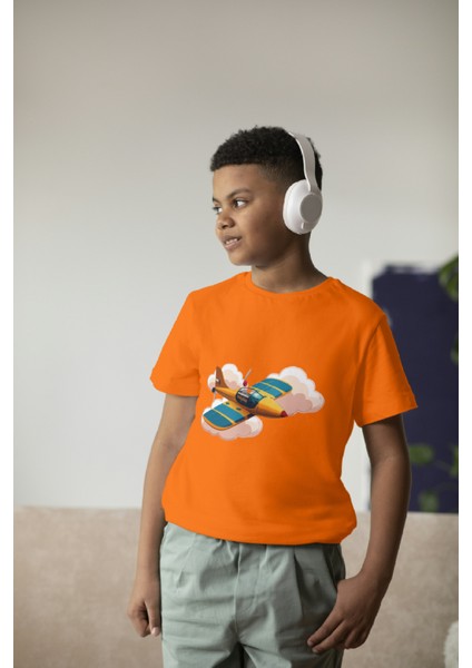 Erkek Çocuk Pamuk Uçak Baskılı Kısa Kol Tshirt