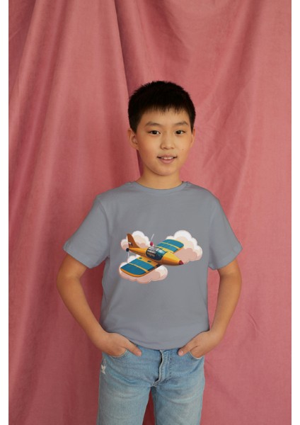 Erkek Çocuk Pamuk Uçak Baskılı Kısa Kol Tshirt modelleri