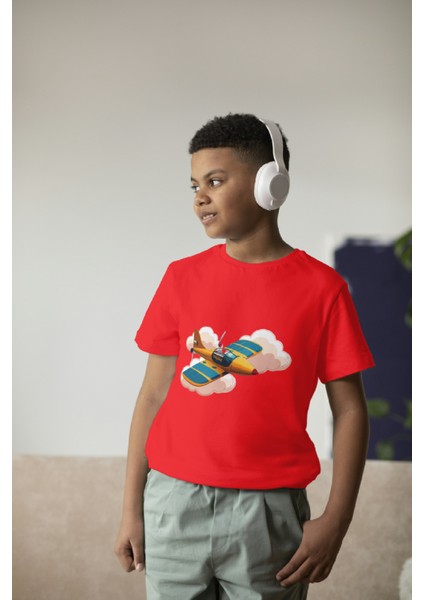 Erkek Çocuk Pamuk Uçak Baskılı Kısa Kol Tshirt