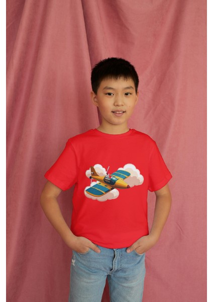 Erkek Çocuk Pamuk Uçak Baskılı Kısa Kol Tshirt