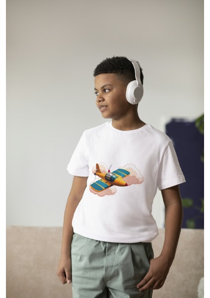 Erkek Çocuk Pamuk Uçak Baskılı Kısa Kol Tshirt