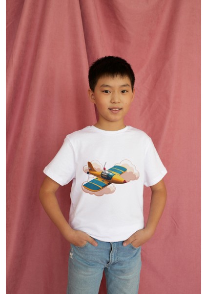 Erkek Çocuk Pamuk Uçak Baskılı Kısa Kol Tshirt modelleri