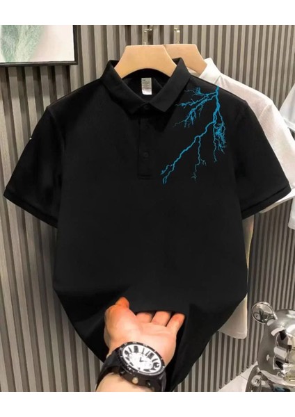 Unisex Yakası Düğmeli Oversize Baskılı T-Shirt - Siyah