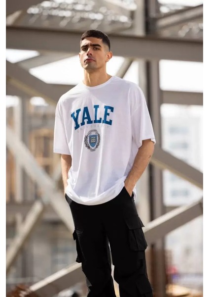 Unisex Bisiklet Yaka Baskılı Oversize T-Shirt - Beyaz fiyatları