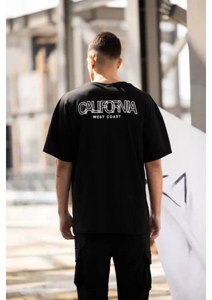 Unisex Bisiklet Yaka Baskılı Oversize T-Shirt - Siyah