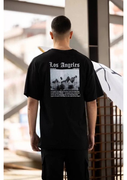 Unisex Bisiklet Yaka Baskılı Oversize T-Shirt - Siyah