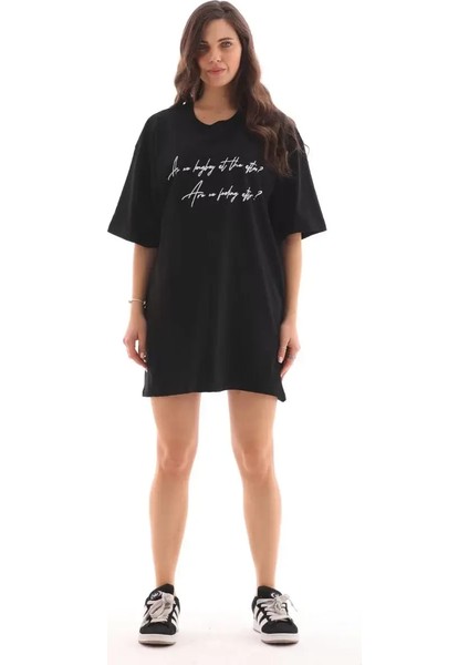 Unisex Bisiklet Yaka Baskılı Oversize T-Shirt - Siyah