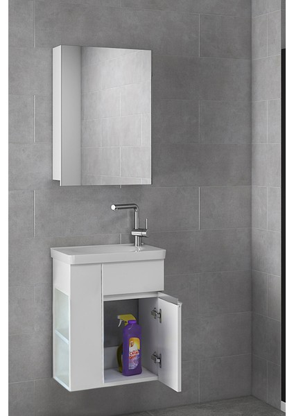 Raflı Miniço Ebeveyn 50 cm x 32 cm Ayna Dolaplı Lavabolu Mdf Banyo Dolabı Seti**hazır Kurulu**