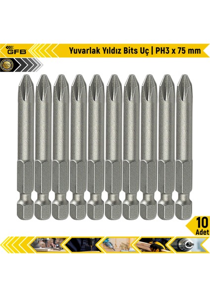 Yuvarlak Yıldız Bits Uç I Ph3 x 75 mm 10 Adet