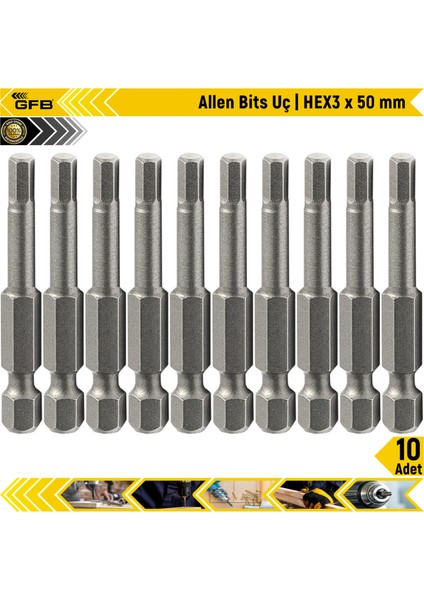 Allen Bits Uç Hex3 x 50 mm 10 Adet
