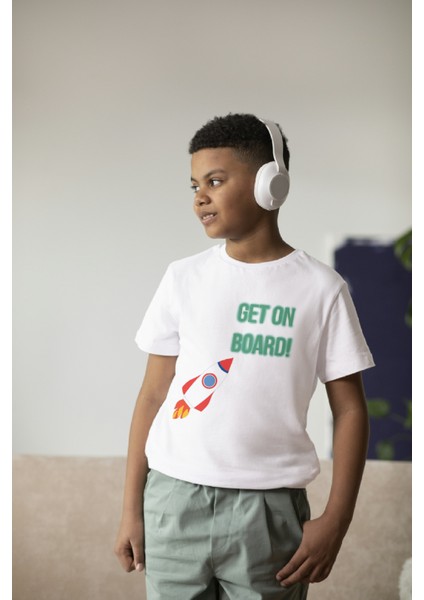 Erkek Çocuk Pamuk Uzay Baskılı Kısa Kol Tshirt