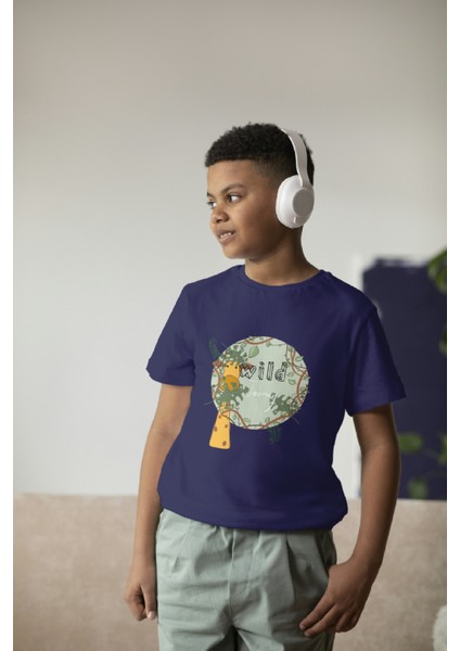 Erkek Çocuk Pamuk Zürafa Baskılı Kısa Kol Tshirt
