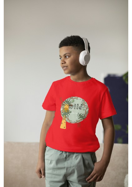 Erkek Çocuk Pamuk Zürafa Baskılı Kısa Kol Tshirt