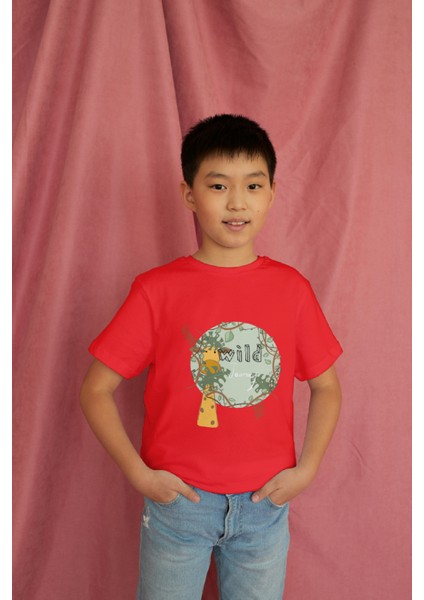 Erkek Çocuk Pamuk Zürafa Baskılı Kısa Kol Tshirt