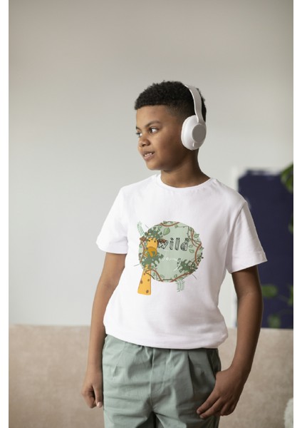 Erkek Çocuk Pamuk Zürafa Baskılı Kısa Kol Tshirt
