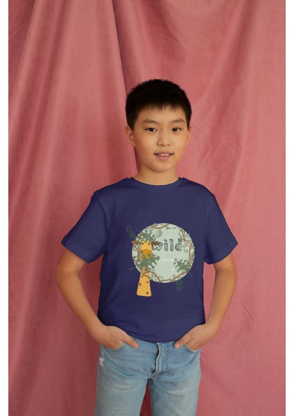 Erkek Çocuk Pamuk Zürafa Baskılı Kısa Kol Tshirt