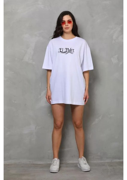 Unisex Bisiklet Yaka Baskılı Oversize T-Shirt - Beyaz