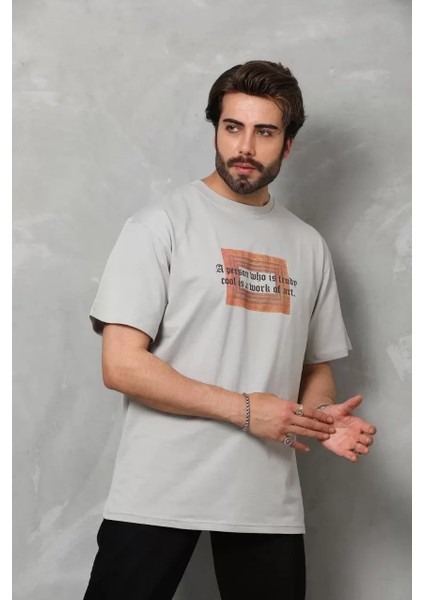 Unisex Bisiklet Yaka Baskılı Oversize T-Shirt - Gri
