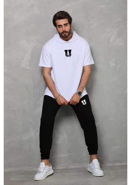 Kapşonlu Oversize T-Shirt Takım - Beyaz