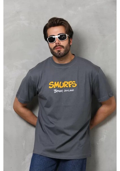 Unisex Basic Bisiklet Yaka Oversize T-Shirt - Füme