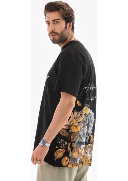 Unisex Bisiklet Yaka Baskılı Oversize T-Shirt - Siyah modelleri
