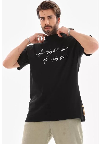 Unisex Bisiklet Yaka Baskılı Oversize T-Shirt - Siyah indirimleri