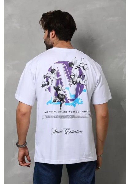 Unisex Bisiklet Yaka Baskılı Oversize T-Shirt - Beyaz fiyatları