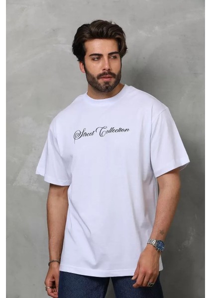Unisex Bisiklet Yaka Baskılı Oversize T-Shirt - Beyaz fırsatları