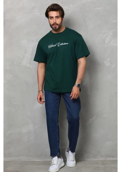 Unisex Bisiklet Yaka Baskılı Oversize T-Shirt - Yeşil