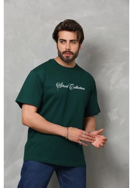 Unisex Bisiklet Yaka Baskılı Oversize T-Shirt - Yeşil