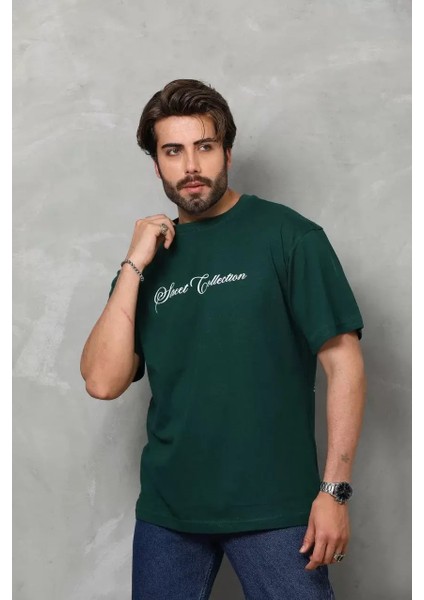 Unisex Bisiklet Yaka Baskılı Oversize T-Shirt - Yeşil