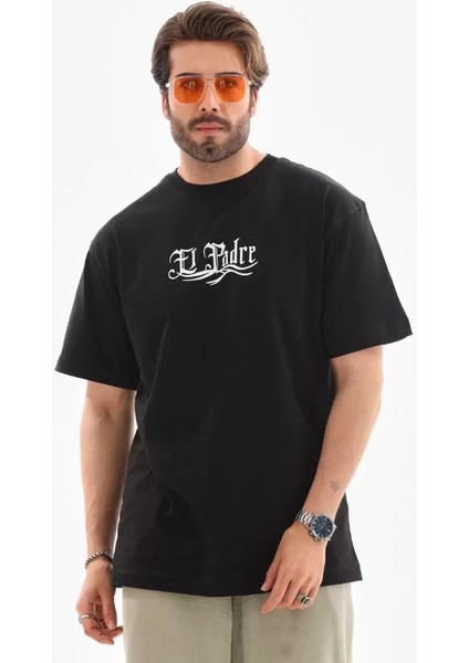 Unisex Bisiklet Yaka Baskılı Oversize T-Shirt - Siyah