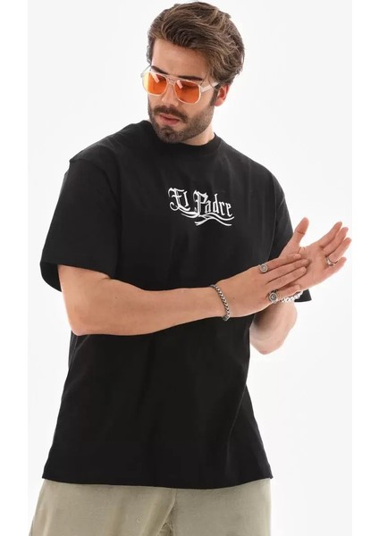 Unisex Bisiklet Yaka Baskılı Oversize T-Shirt - Siyah