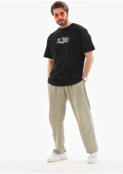 Unisex Bisiklet Yaka Baskılı Oversize T-Shirt - Siyah