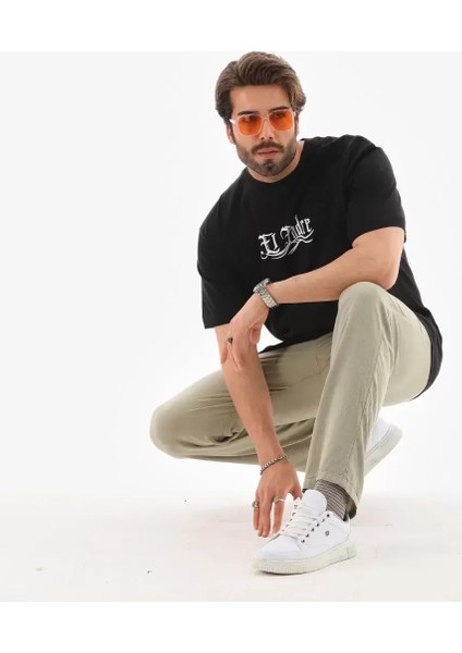 Unisex Bisiklet Yaka Baskılı Oversize T-Shirt - Siyah