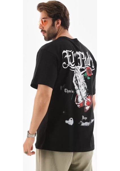 Unisex Bisiklet Yaka Baskılı Oversize T-Shirt - Siyah