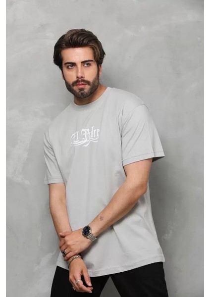 Unisex Bisiklet Yaka Baskılı Oversize T-Shirt - Gri