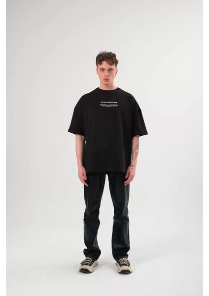Unisex Bisiklet Yaka Baskılı Oversize T-Shirt - Siyah