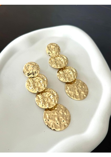 Kadın Küpe Old Money Seri Dört Yuvarlak Taşlanmış Detay 8cm Küpe
