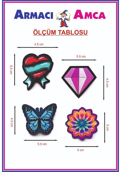 Ütü Ile Yapışan 4 Adet Örme Kumaş Arma Yırtık Kapatıcı Pratik Yama Tekstil Patch Kırmızı Kalp Renkli Elmas Mavi Kelebek Rengarenk Buroş Çiçek fiyatları