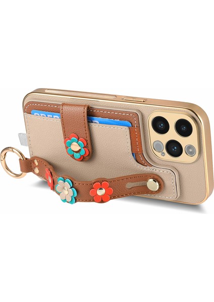 iPhone 14 Pro Max Kılıf Kickstand Deri Arka Koruyucu Kapak 3D Çiçek-Haki (Yurt Dışından)