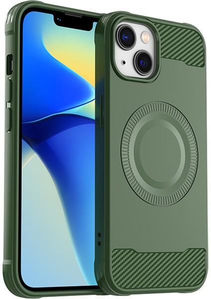 iPhone 13 Için Kılıf Karbon Fiber Dokulu Tpu Telefon Kılıfı Magsafe-Green ile Uyumlu (Yurt Dışından)