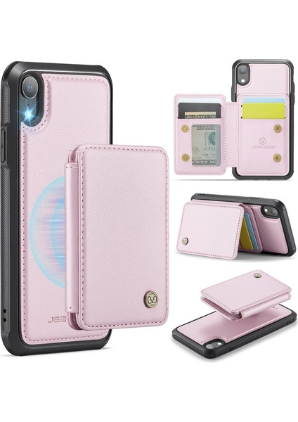 Jeehood iPhone Xr Kılıf Kickstand Tpu Manyetik Telefon Kapağı Çıkarılabilir Kart Çantası-Pembe (Yurt Dışından)