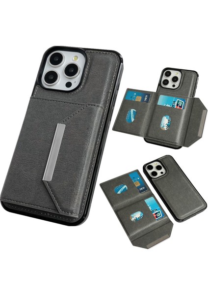 iPhone 13 Pro Max Kickstand Kılıf Deri+Tpu Telefon Kılıfı Çıkarılabilir Kart Çantası-Gri (Yurt Dışından)