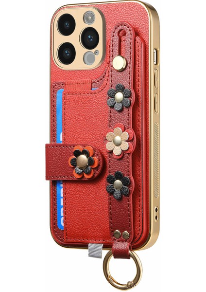 iPhone 14 Pro Max Kılıf Çubuğu Deri Arka Koruyucu Kapak 3D Çiçek-Kırmızı (Yurt Dışından)