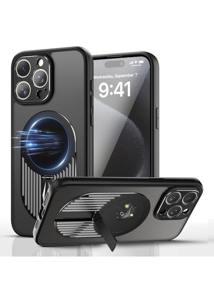 iPhone 15 Pro Için Kılıf Kickstand Silikon+Pc Telefon Kılıfı Grafen Isı Dağılımı-Siyah (Yurt Dışından)